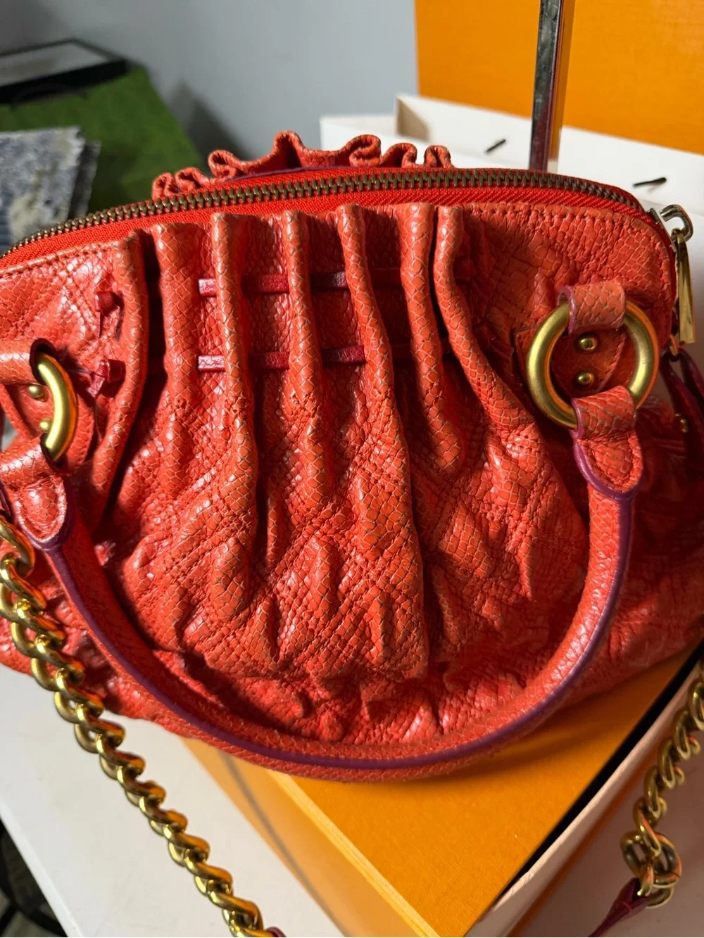 Marc Jacobs Embossed Python Leather Satchel – Coral Red